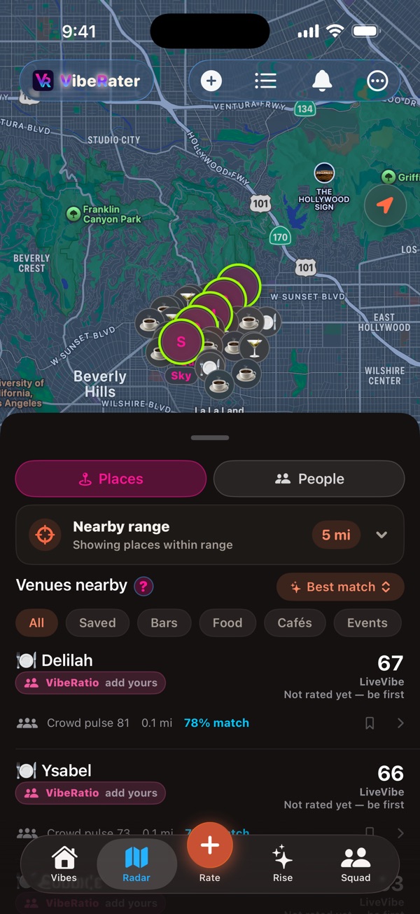 VibeRater Radar map with nearby places, people, filters, and events