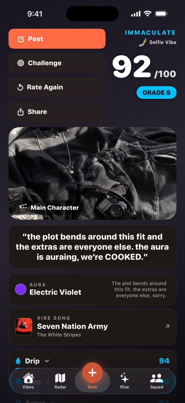 VibeRater rating result with a score, aura, archetype, and sharing controls