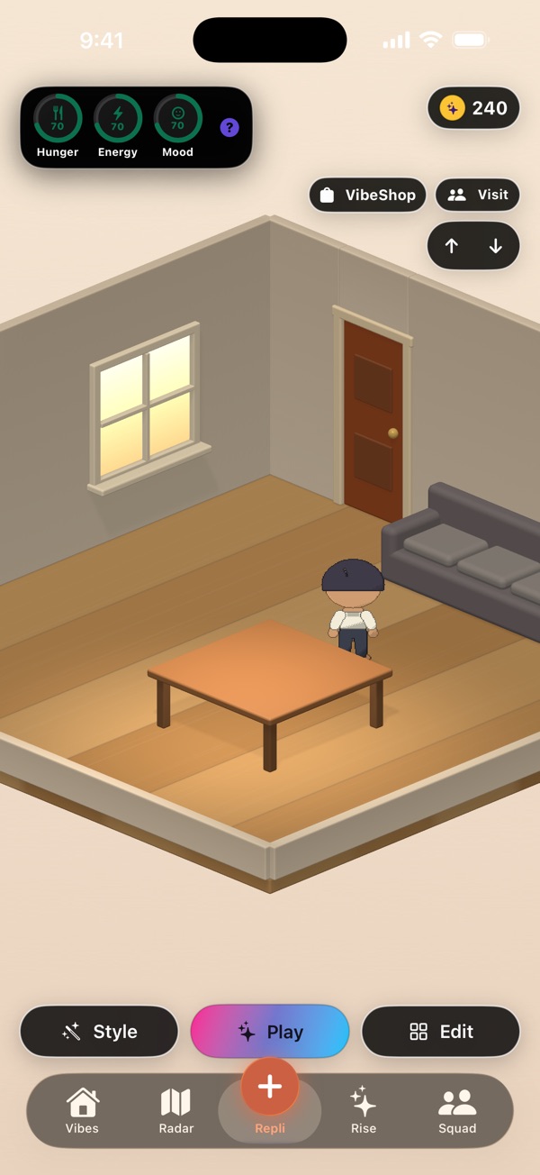 VibeRater Repli room with avatar, furniture, VibeShop, Play, Style, and Edit controls