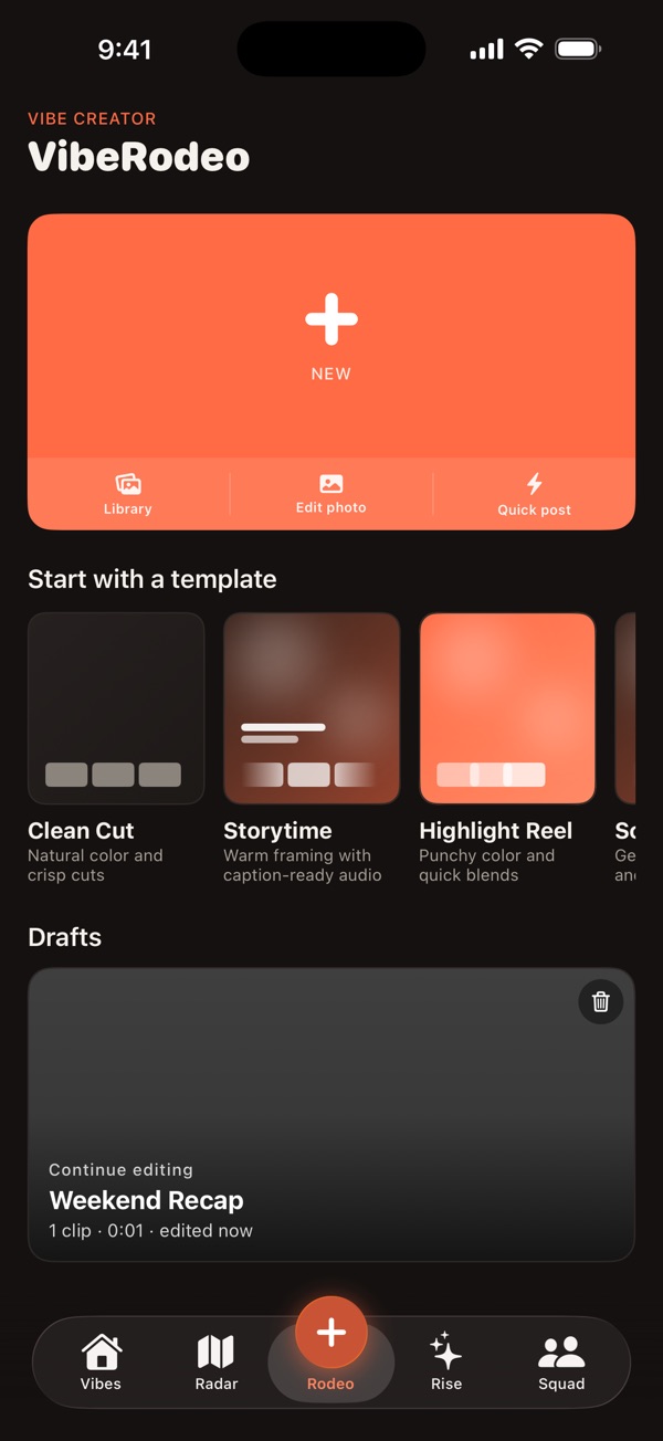 VibeRodeo creation studio with templates, photo editor, quick post, and drafts