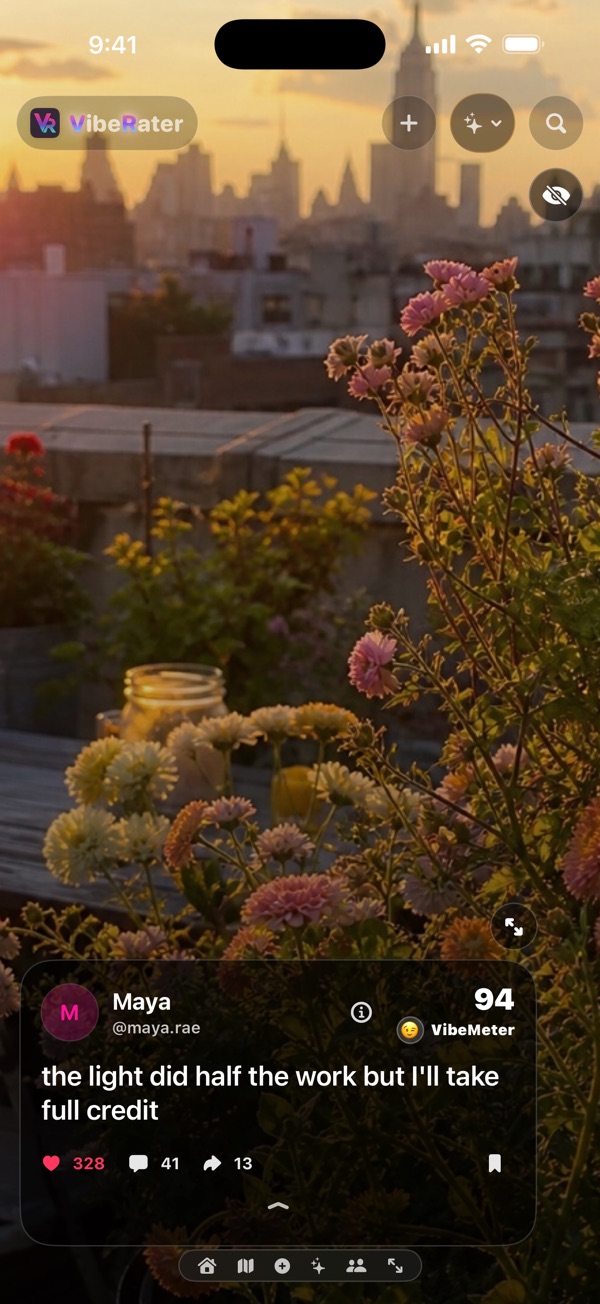 VibeRater Full Screen Vibes feed with rating and social controls
