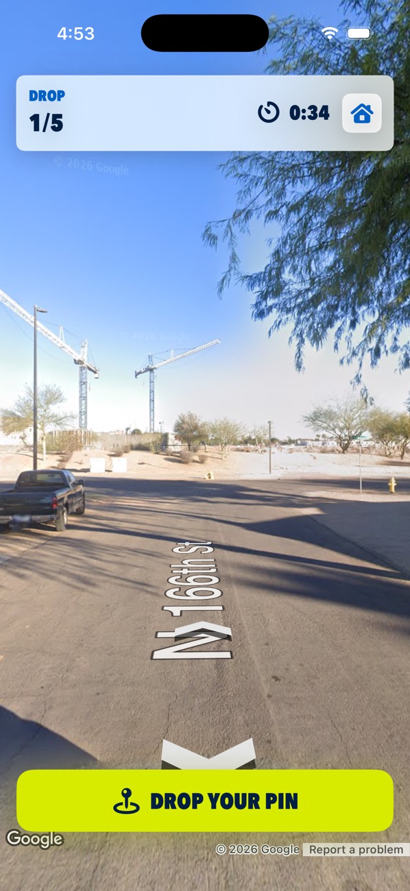 Residential Street View gameplay with drop count, countdown timer, and Drop Your Pin button