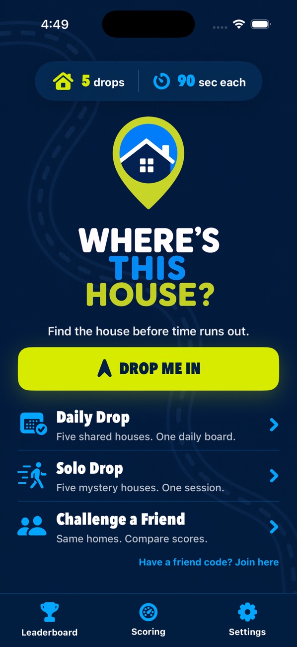 Where's This House? version 2.0 home screen with the five-round solo game and additional modes