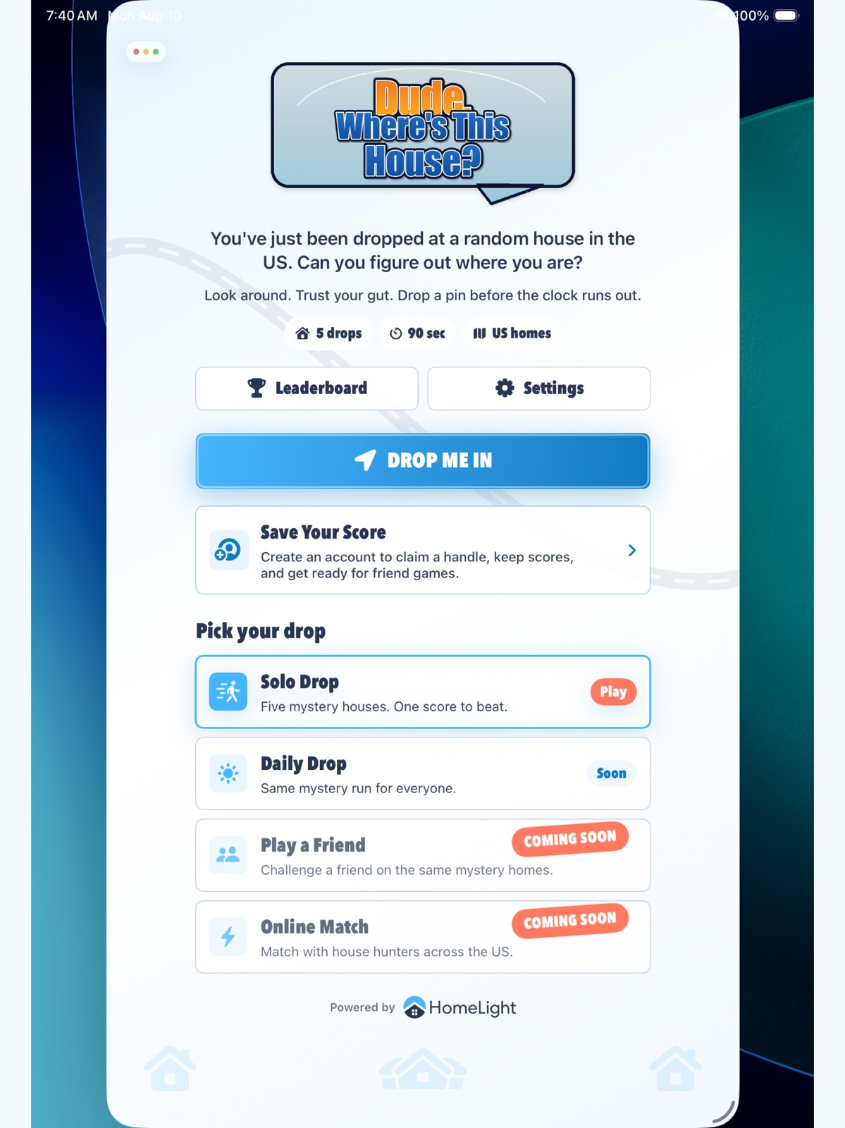 Where's This House? version 2.0 home screen running natively on iPad