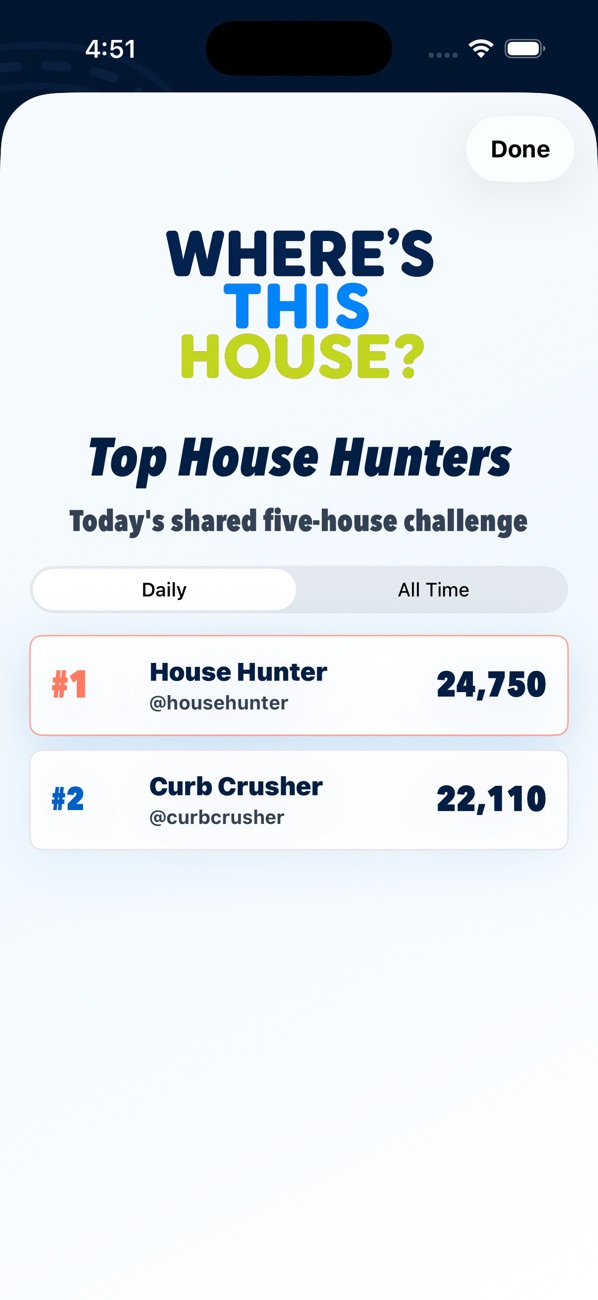Where's This House? leaderboard showing player names, handles, and scores