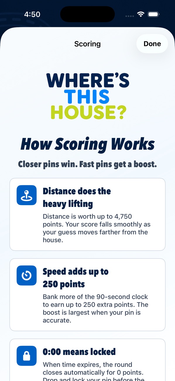 Where's This House? scoring guide explaining distance points, speed bonus, and timeout rules