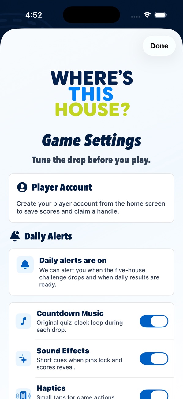 Where's This House? settings screen with player and account controls